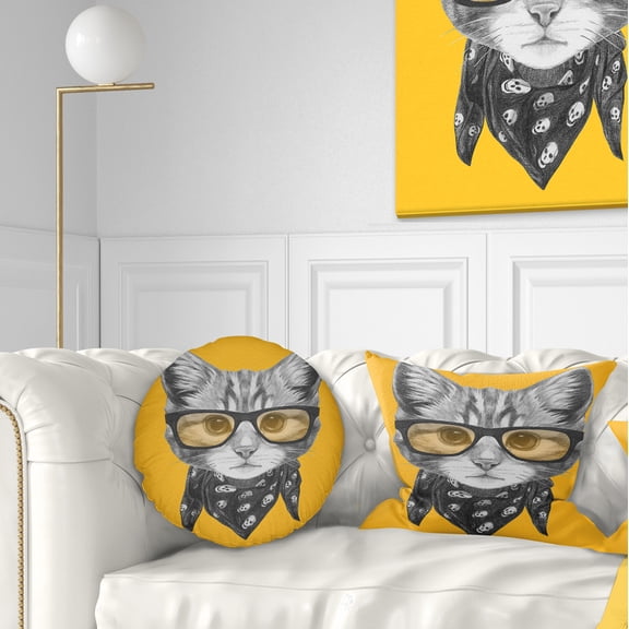 Designart Funny Cat with Glasses and Scarf - Animal Throw Pillow - 12x20