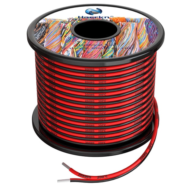 Cable eléctrico de silicona de 20 AWG, 2 conductores de cable paralelo, línea de 200 pies [negro de 100 pies, rojo de 100 pies, calibre 20, alambre de cobre estañado trenzado sin oxígeno
