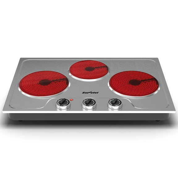 Sunvivi 3 Burner Electric Portable Cooktop Stove - Knob Control, Auto Shut-Off - Silver