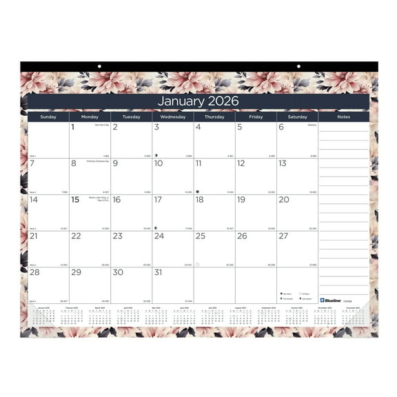 2026 Blueline® Colorful Monthly Desk Pad Calendar, 22" x 17", Floral, January To December, C194128