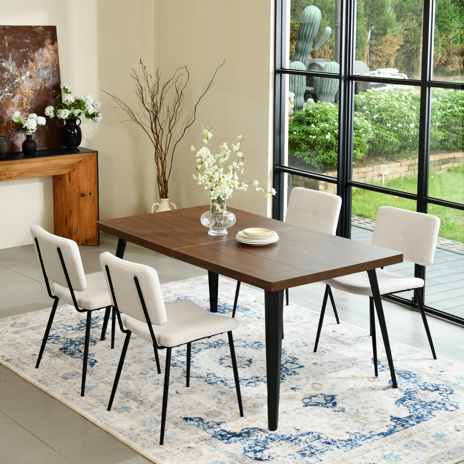 Homy Casa Dining Table with 63"x31.5" Thick Top, Metal Flat Legs, Seats 6, Adjustable Feet, Faux Walnut