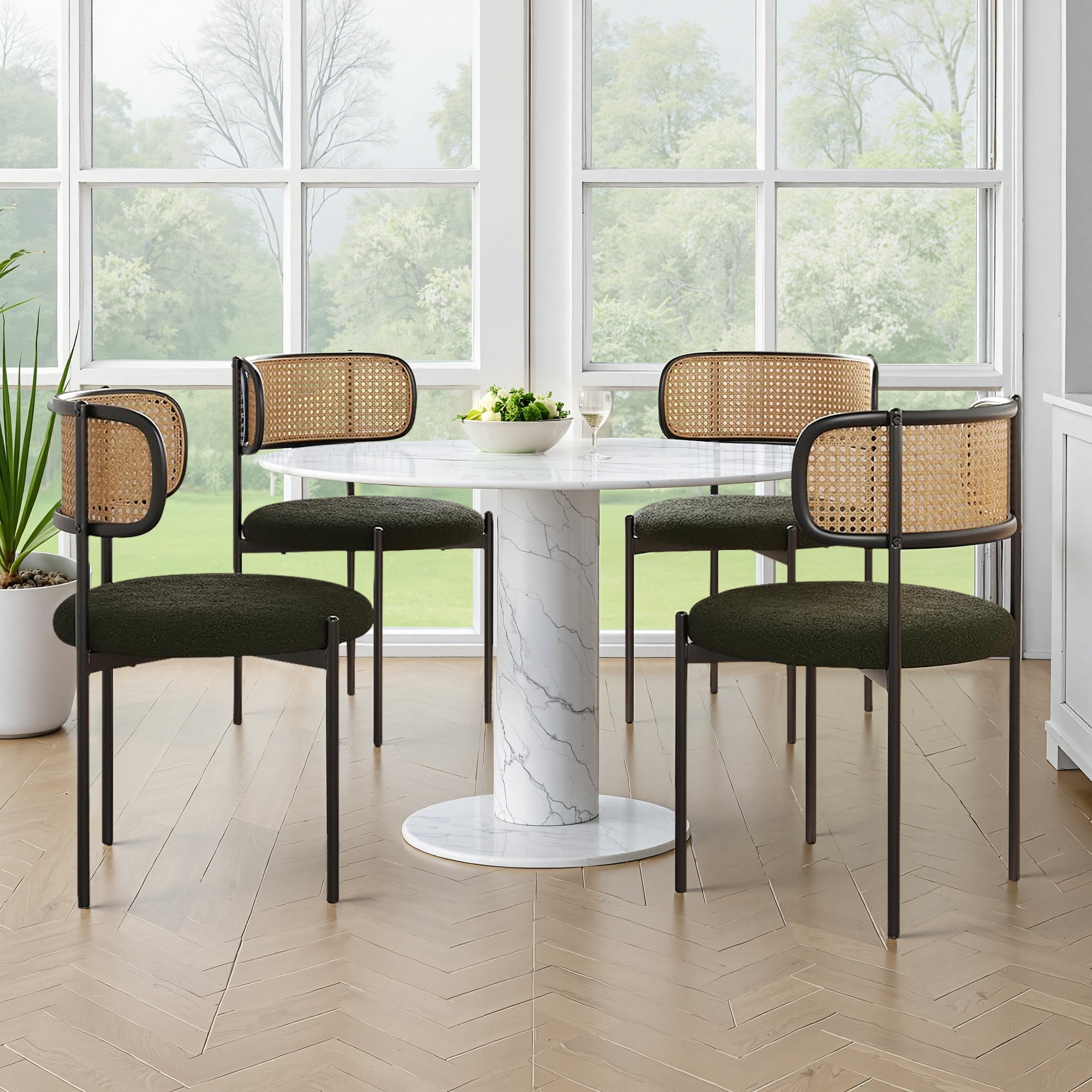 MAYEERTY 2-Pack Green Modern Upholstered Dining Chairs, Rattan Back, Metal Legs, Kitchen Accent