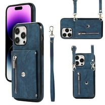 Crossbody RFID BLOCKING Wallet Case for iPhone 15 Pro Max with Card Holder, Zipper Pocket Kickstand Function Shockproof Purse Phone Cover with Removable Shoulder Strap & Wrist Strap, Blue