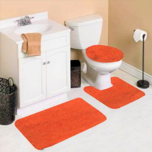 3 Piece Denise Striped Bathroom Blue Red Contour Rug And Toilet Cover Mat Set