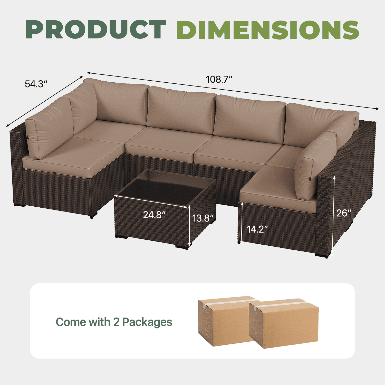 BaPiPro 7‑Piece Modular All‑Weather Patio Furniture Set, Brown Rattan Wicker Outdoor Sectional Sofa with Thickened Khaki Cushions & Tempered Glass Coffee Table for Backyard Porch Deck Balcony