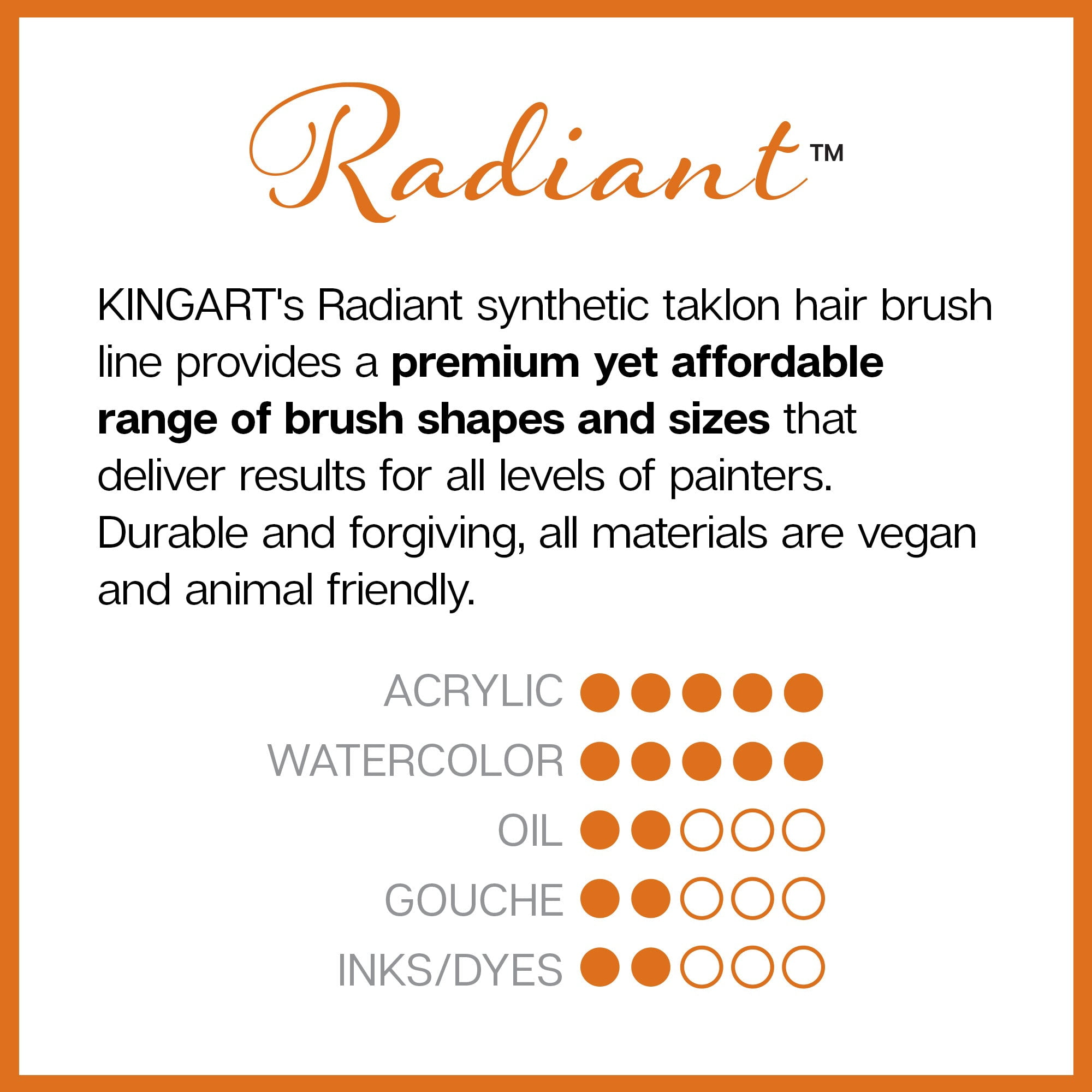 Kingart Radiant, Premium Golden Taklon Brushes, Set of 12, All Ages