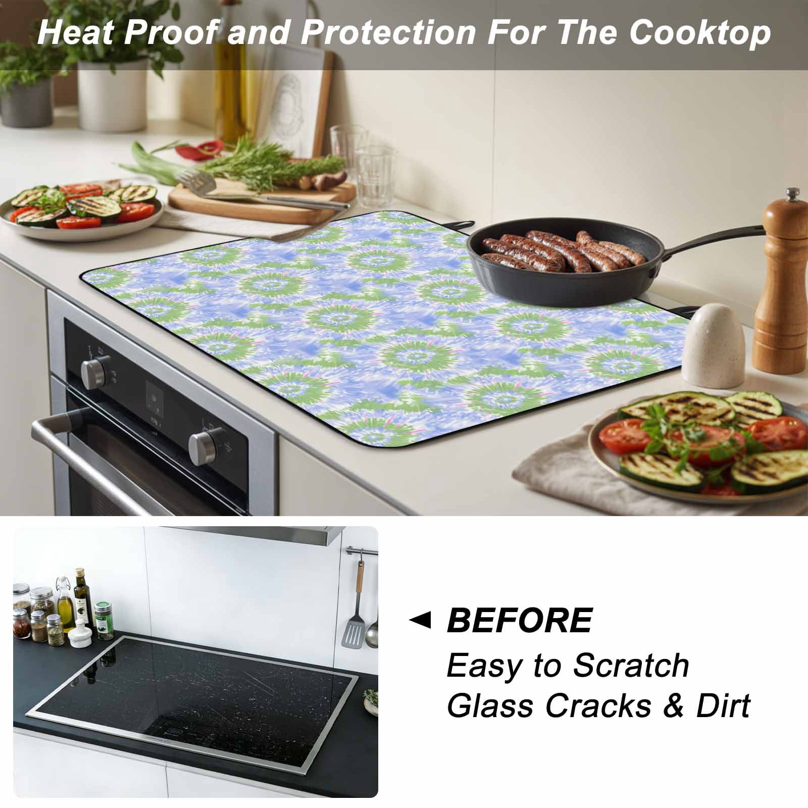 Blue Teal Stove Top Cover for Electric Stove, Heat-proof & Non Slip Glass Top Stove Cover Protector, Modern Tie Dyeing Contemporary Abstract Art Kitchen Flat Cooktop Rubber Mat 24x21 Inches