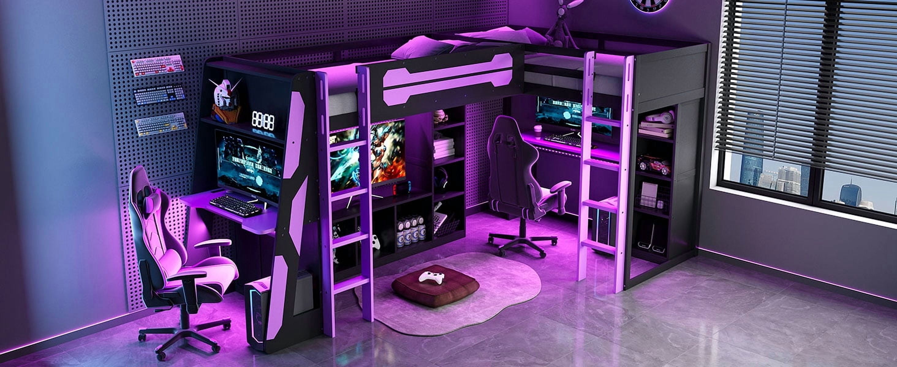 Mintazer L-Shaped Twin Loft Bed with 2 Gaming Desks, Gaming Loft Bed with RGB Lights & USB Charging Station, Black & Purple