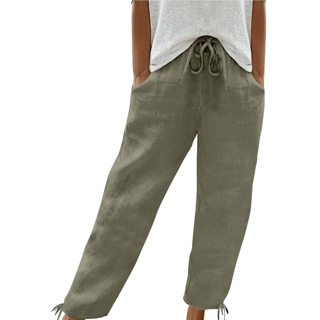 FNFYFH Clearance Cotton Linen Pants for Women Drawstring Wide Leg Pants with Pockets Solid Trousers,Gray
