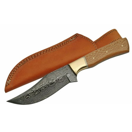 FIXED-BLADE HUNTING KNIFE | 4.75" Damascus Steel Blade Maplewood Handle   Sheath