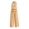 thumbnail image 7 of BRELIL Women High Neck Sleeveless Peplum Top Wide Leg Pants Two Piece Set Plaid Boho Vacation Casual Loose 2 Piece Travel Outfit, Khaki 2XL, 7 of 7