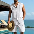 thumbnail image 2 of BLTIBY Mens Linen Set 2 Piece Summer Beach Outfits Sleeveless Button Down Hoodies and Drawstring Shorts Matching Vacation Sets with Pockets White L, 2 of 8