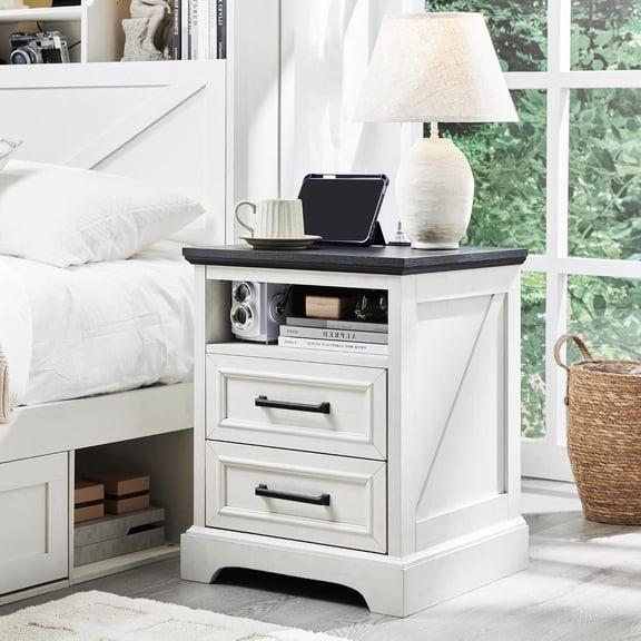 EDX 2 Drawers 24" Wood Nightstand with Drawers and Charging Station, Bedside Table for Bedroom or Living Room, White