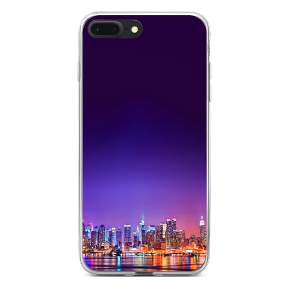 DistinctInk Clear Shockproof Hybrid Case for iPhone 7 PLUS / 8 PLUS (5.5" Screen) - TPU Bumper, Acrylic Back, Tempered Glass Screen Protector - New York Skyline Night - The Big Apple