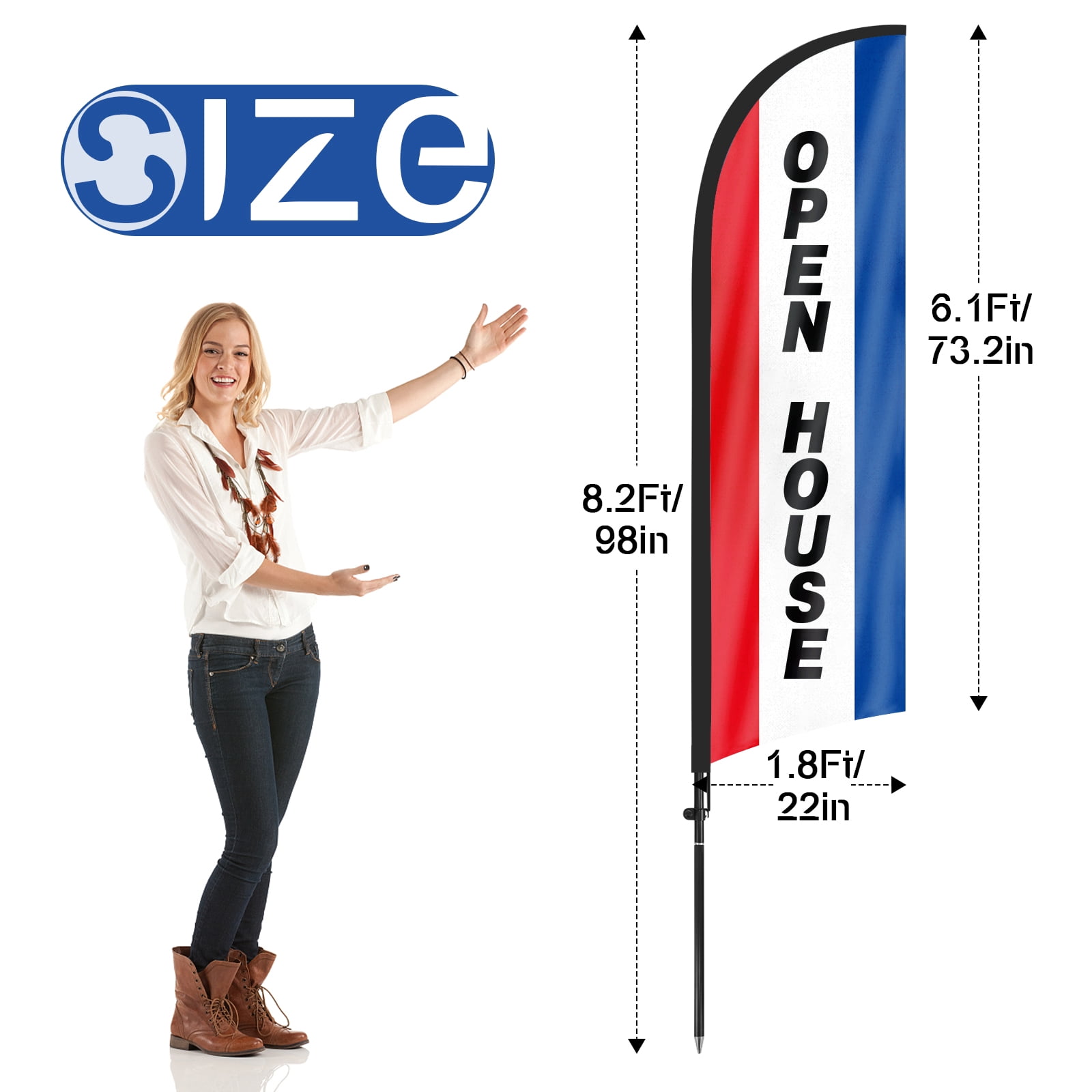QSUM Open House Feather Flag with Flag Pole Kit and Ground Spike, 8.2FT Open House Windless Flag Banner Sign Business for Welcome Agent Inside Outdoor Advertising Sign Decoration Display