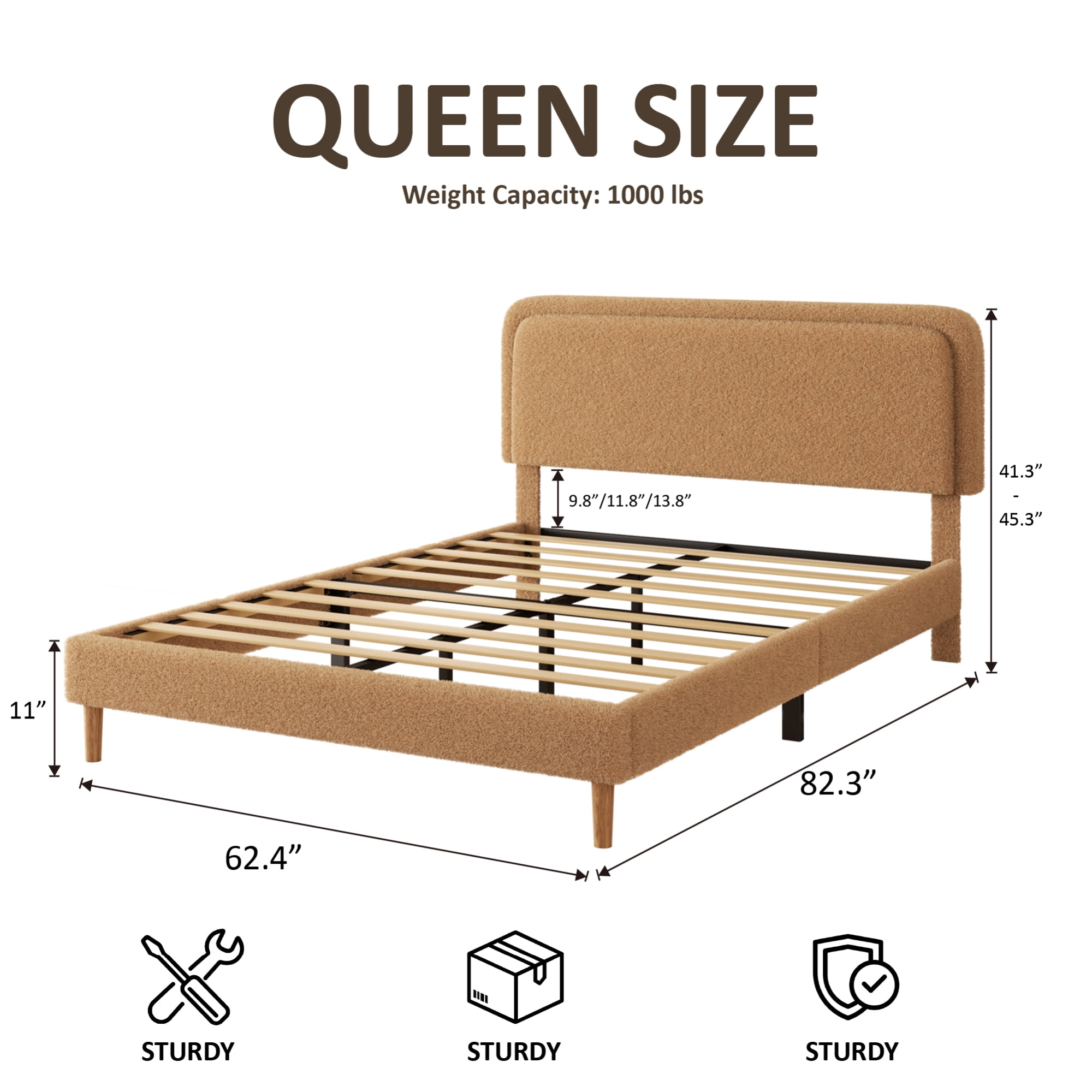 Leumius Queen Bed Frame,Upholstered Platform Bed Frame with Height-Adjustable Headboard,Sturdy Frame,Quiet Design,Easy to Assemble,Brown