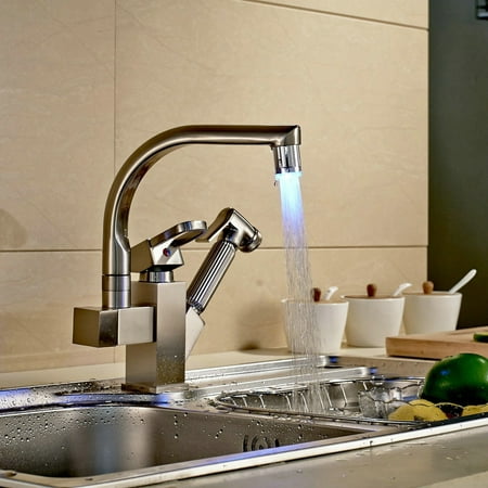 LED Pull Out Nickel Home taps Kitchen Basin Sink Rotating Spout Spray Faucet Mixer