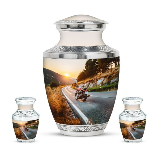 KARYLIZ Motorcycle Urns For Ashes Adult Male – Funeral Urn For Ashes For Women – Sunrise Cremation Urn Ash – Memorial Gift for Grandfather & Grandmother