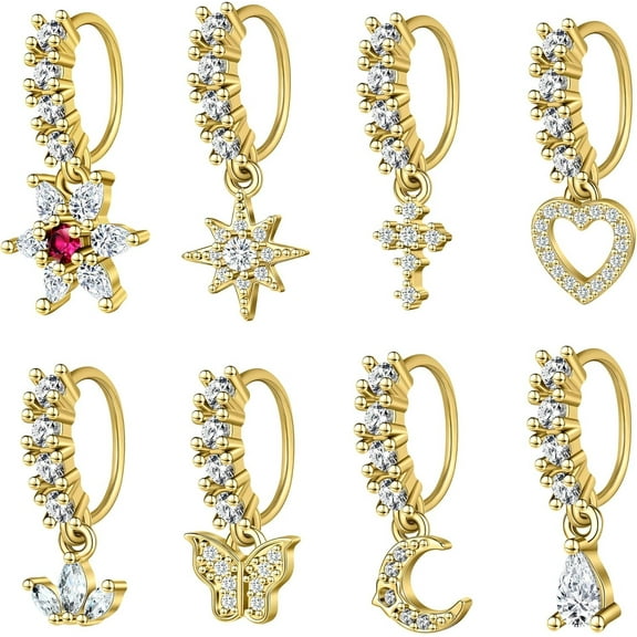 Dangle Nose Rings Hoop for Women Septum Nose Piercing Jewelry Cartilage Earring CZ Flower Leaf Star Butterfly Daith Tragus Helix Lip Piercing, Silver Gold Rose Gold
