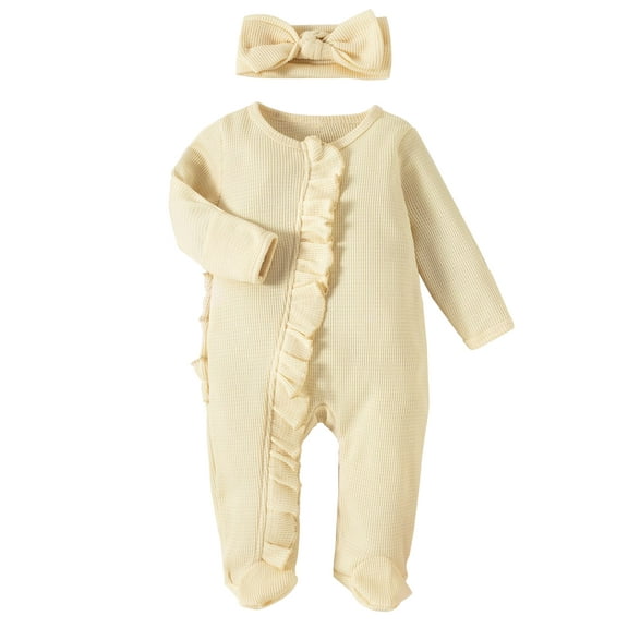 HWJAD Baby Girls Knit Footies Newborn Zip Up Onesie Romper Ruffles Infant Long Sleeve Jumpsuit Headband Clothes