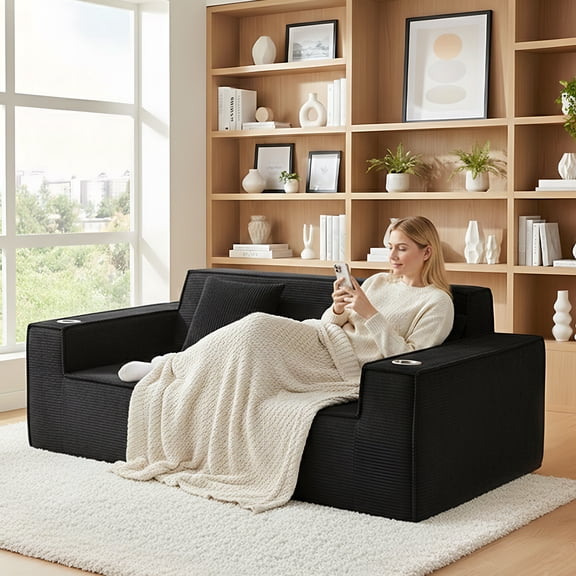 ATOMSPACE 76'' Large Corduroy Loveseat, 3-Seat Boneless Cloud Sofa with Built-in Cup Holders, No Assembly Compression Couch, Ideal for Apartment, Black