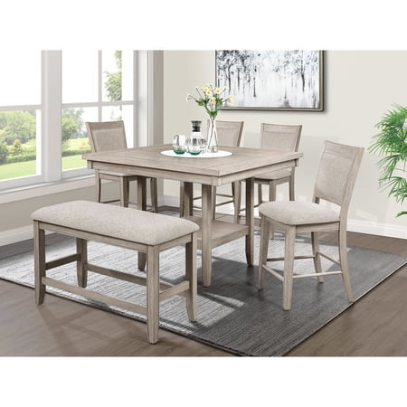 Contemporary Farmhouse 6pc Dining Set | Table with Faux Marble Lazy Susan | Wood and Upholstered Design | Great for Entertaining