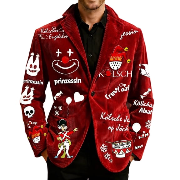 oqasdz Mens Blazer Circus Clown Printed Corduroy for Patterned Jacket for Stretch Slim Fit Dress Coat Party Evening Wedding Prom