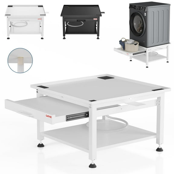 24" Wide Washer and Dryer Pedestals with Pullout-Shelf, 21" Hight Laundry Pedestal with Adjustable Anti-Vibration Pads, Drain Pan and Hose, 800 lbs Capacity, White