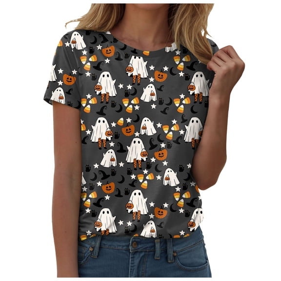 Akiihool Women Oversized Tshirt Halloween Shirt Women Letter Print Graphic Plus Size Fall Tees Tops (Dark Gray,M)