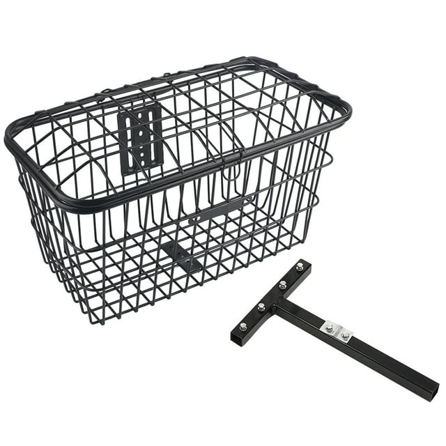 cesta de almacenamiento trasera portátil grande para scooters de movilidad, bicicletas eléctricas y scooters eléctricos negra, vista 3/4 frontal de cesta metálica rectangular de malla con marco en T desmontado; estructura de barras y acabado negro, tamaño aprox. 50x27x20 cm (19.7x10.6x7.9 in), peso aprox. 3150 g, incluye placa y tornillería. Adecuada para herramientas, compras y viajes; plegable y de fácil instalación en la parte trasera.