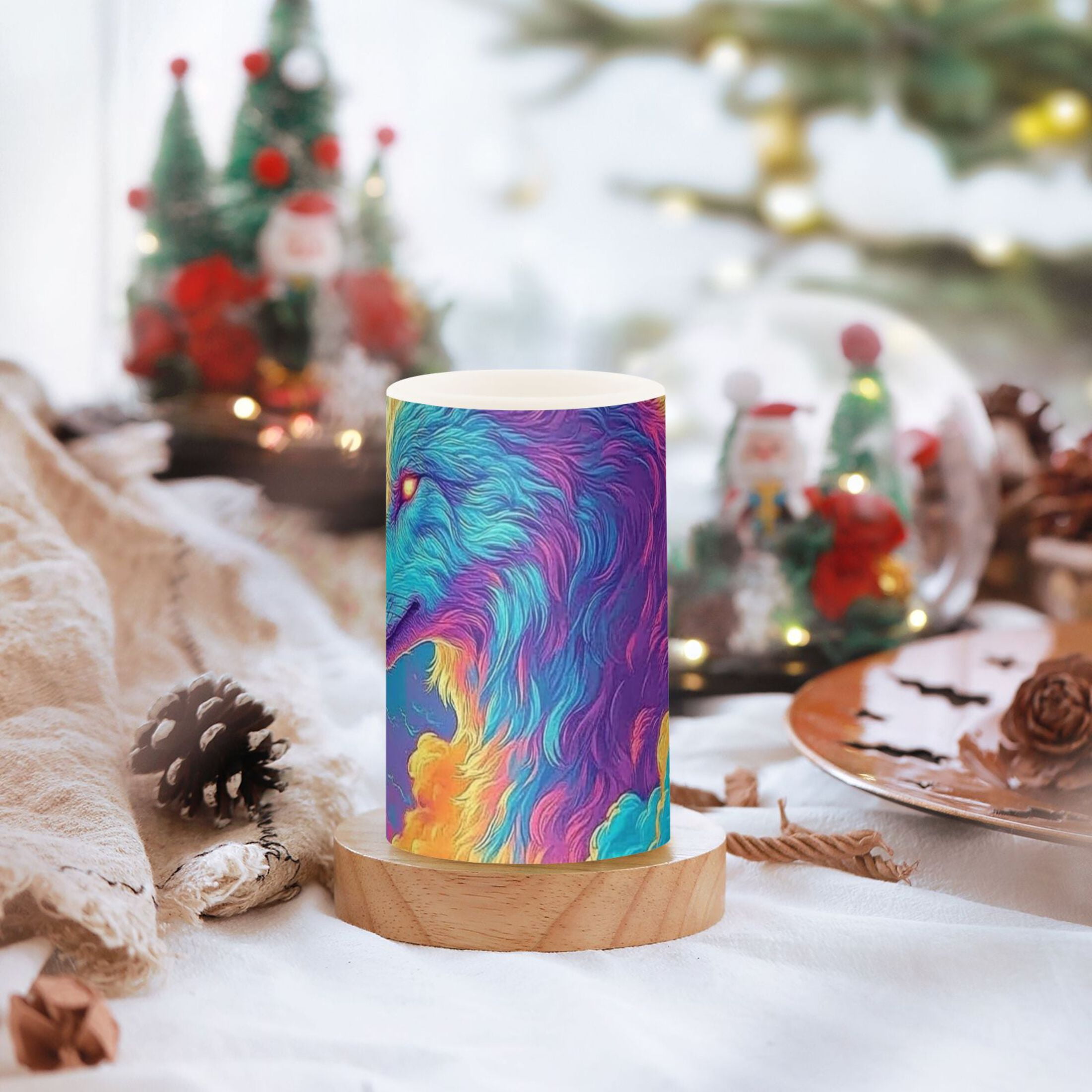 . Colorful Wolf in Clouds Flickering Flameless Candles Battery Operated with Remote Timer LED Pillar Candles Set of 2