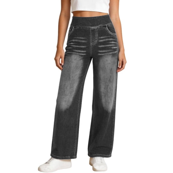 Wide Leg Jeans for Women High Waist Stretchy Straight Leg Side-Zipper Plus Size Baggy Casual Pull On Barrel Jeans with Pockets