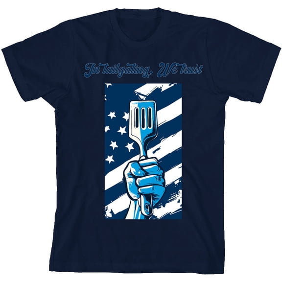 "In Tailgating We Trust" American Flag And Spatula Youth Navy Blue Short Sleeve Tee-Medium