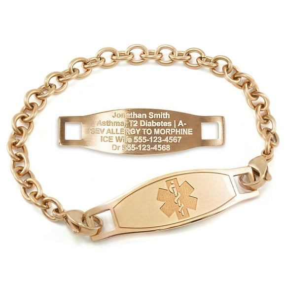 MedicEngraved Rose Gold Stainless Steel Custom Medical Alert Bracelet - 5mm Oval Link
