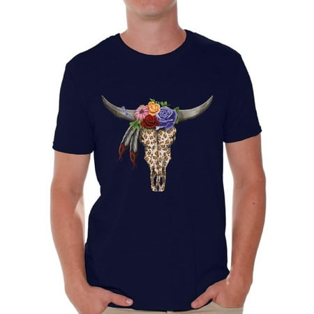 Awkward Styles Cow Skull Tshirt for Men Floral Cow Skull T Shirt Sugar Skull Shirts for Men Day of the Dead Outfit Dia de los Muertos Gifts for Him Floral Bull Skull Tshirt Bull Skull Flowers Shirt