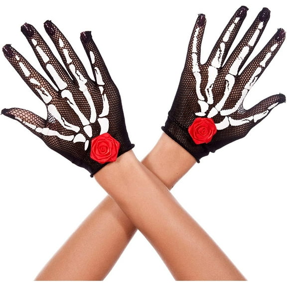 Skeleton and rose print fishnet gloves 429-BLK-WHI-RED