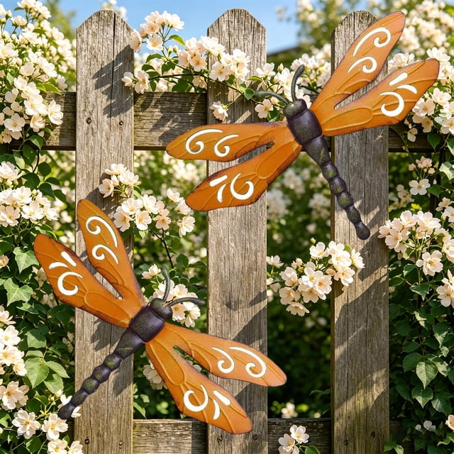 Wrought Iron Dragonfly Wall Art | Hand Painted Metal Garden Decor | Weather Resistant Outdoor Wall Hanging for Fence, Courtyard, Balcony, Patio | Decorative Insect Accent for Plants and Rustic Home