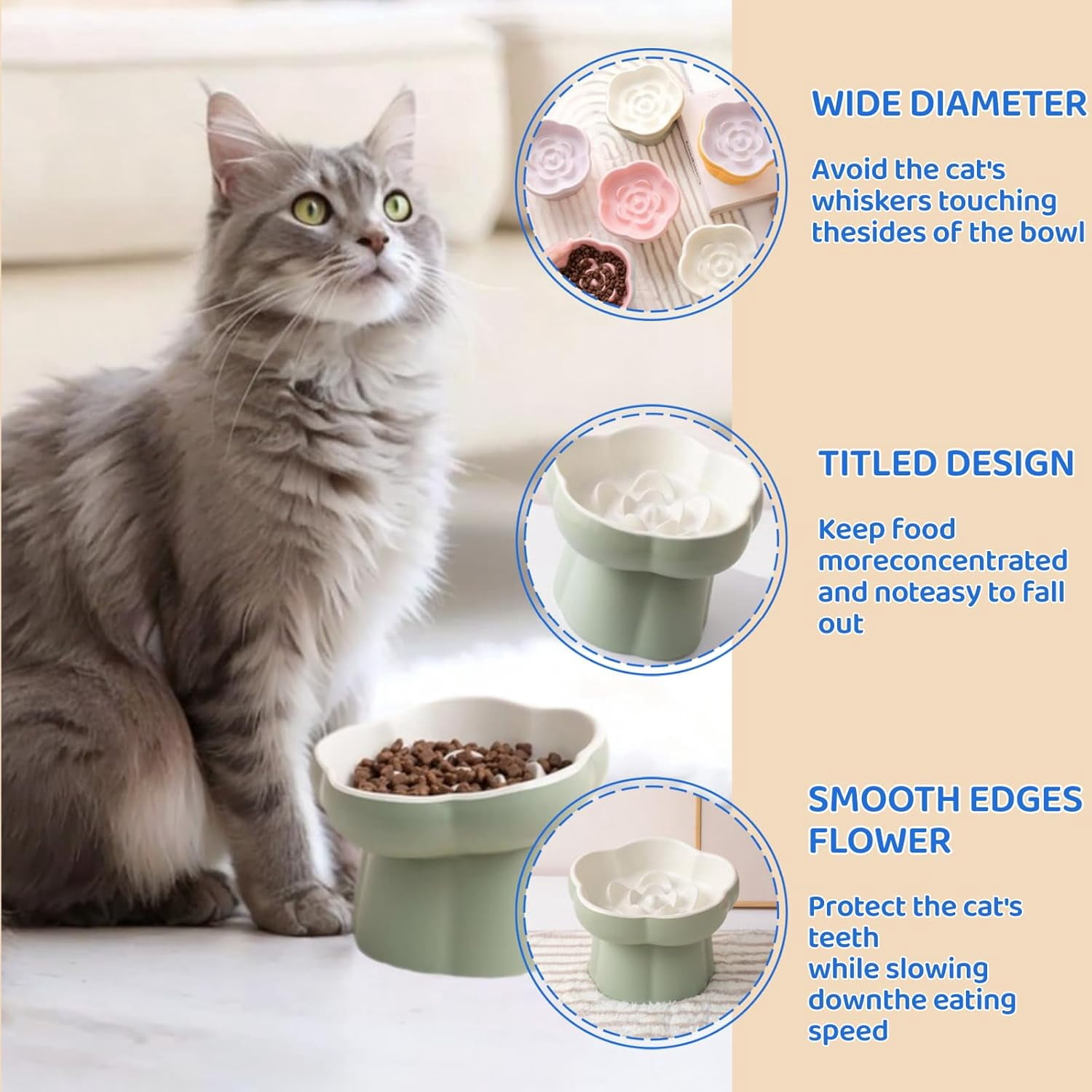 Ceramic Elevated Slow Feeder Cat Bowl,Anti Vomit Design for Whisker Fatigue Relief,Elevated Slow Feeder Bowls for Indoor Cats&Small Breeds,Perfect for Wet Food&Small Dogs