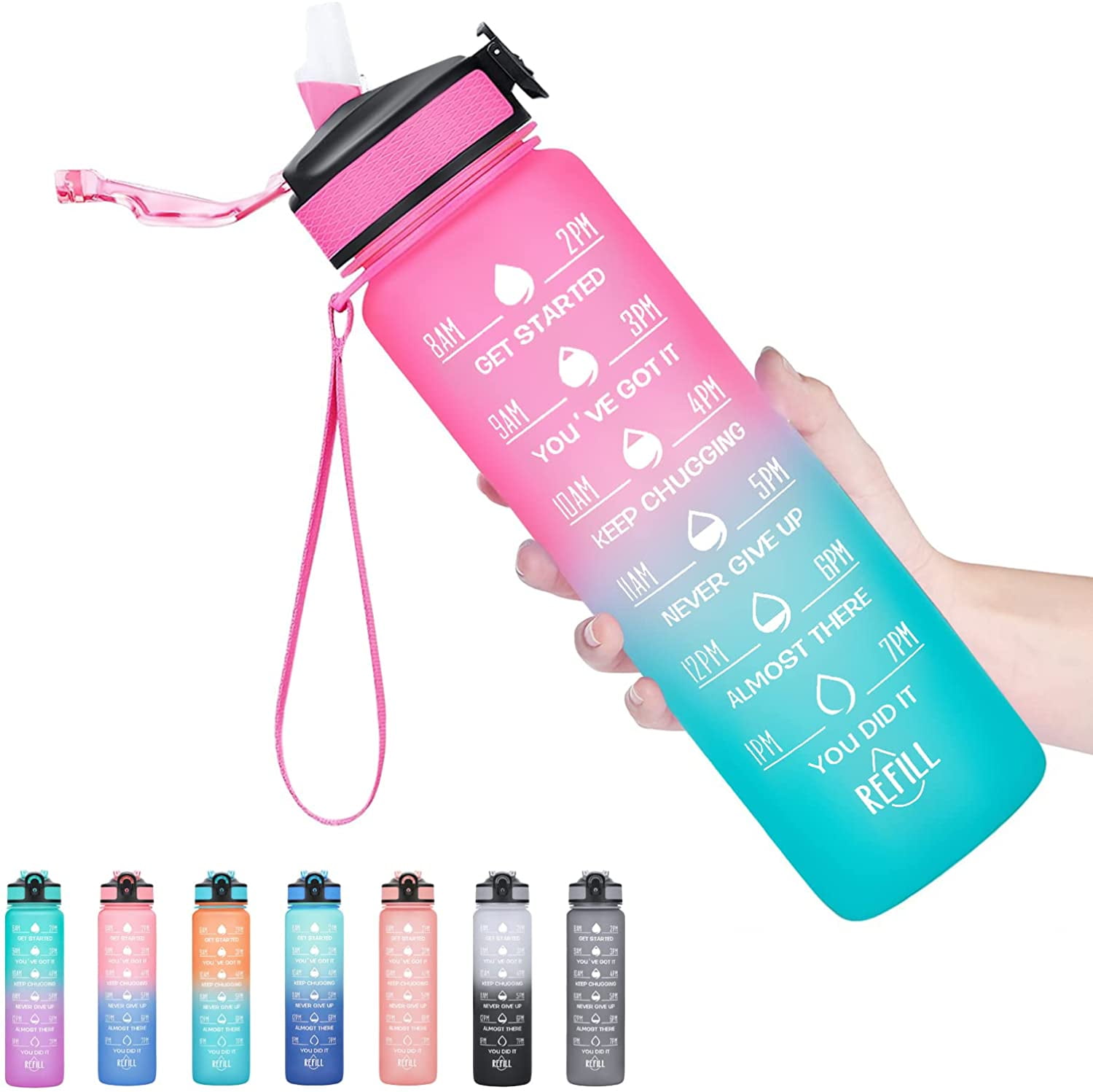 2 PACK: 32 Oz Water Bottle with Time Marker - Motivational Gym Water Bottle  with Strap & Holder for …See more 2 PACK: 32 Oz Water Bottle with Time