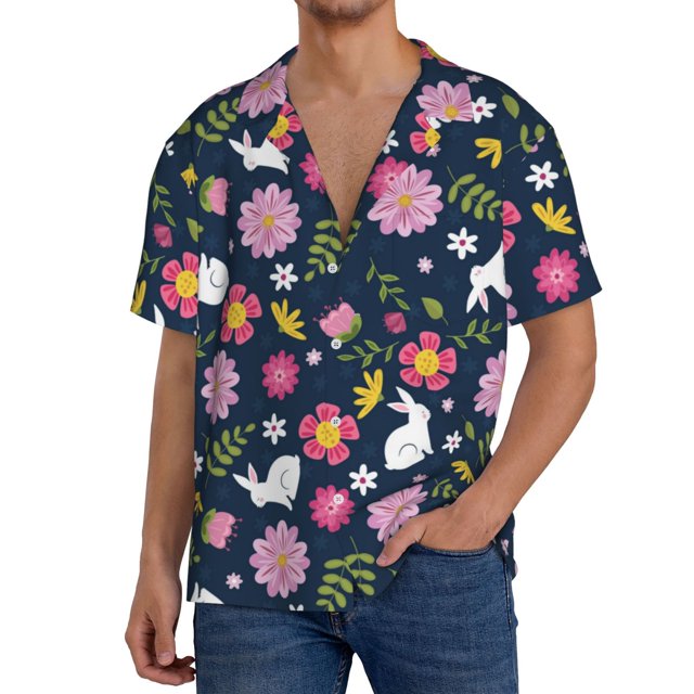 Balery Floral Rabbit Camisa Casual de Manga Corta con Botones para Hombre, Texturizada, Estilo Cubano, para Playa, Verano-Large