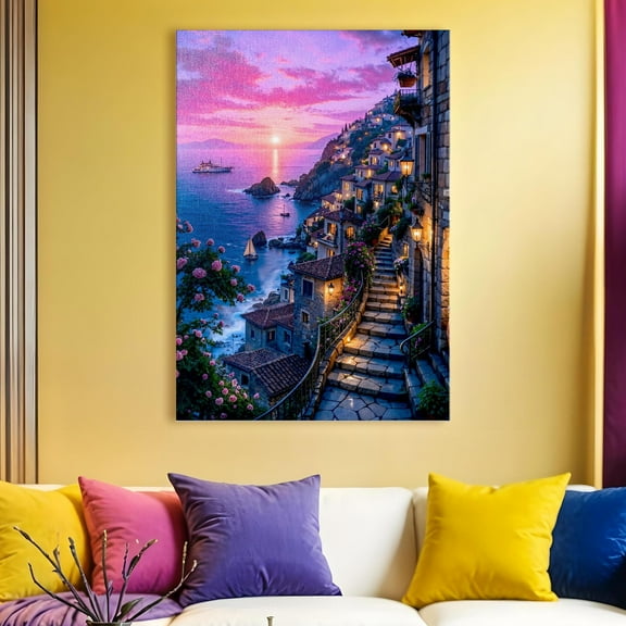 Mediterranean Sunset Village Canvas Art – Italy Amalfi Coast Wall Decor