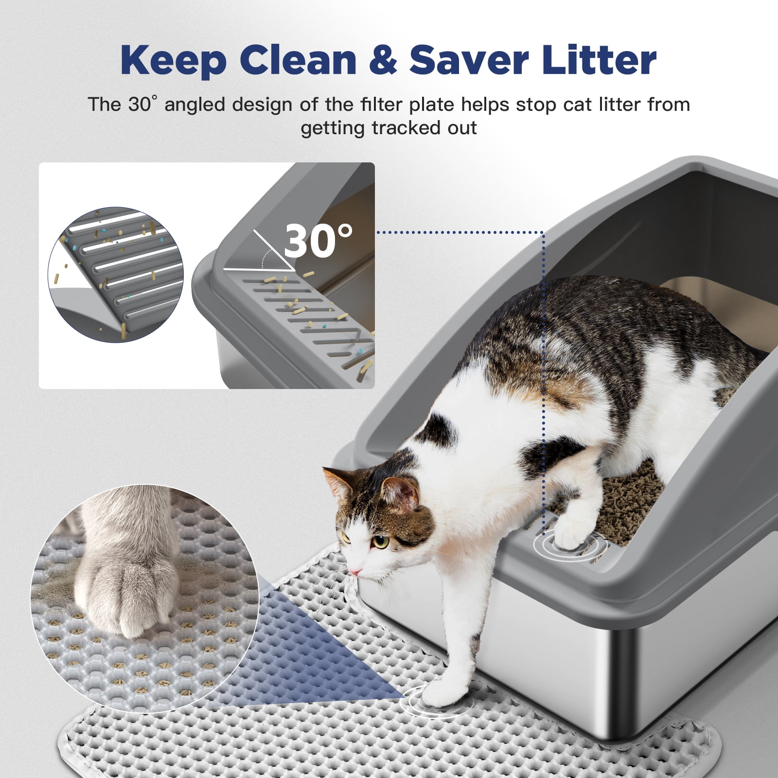 Extra Large Stainless Steel Cat Litter Box, XL Litter Boxes for Big Cats & Multiple Cats, Metal Litter Box with High Sides & Metal Scoop/Mat, Easy to Clean, Dark Gray