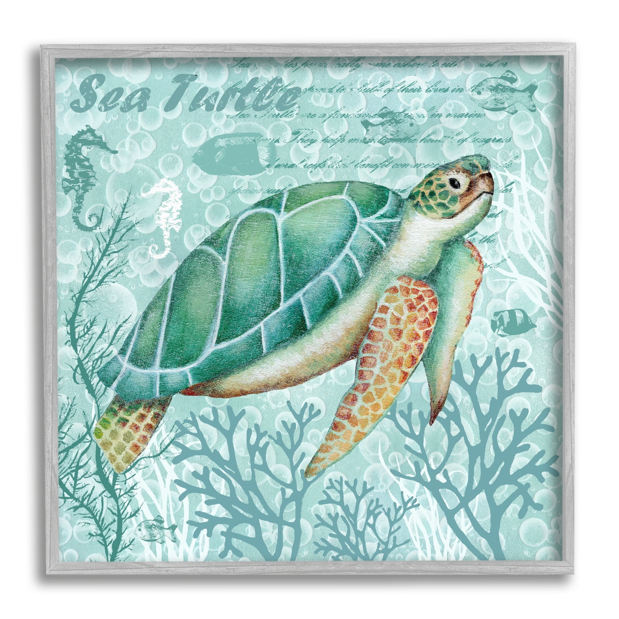 Stupell Industries Sea Turtle Detailed Coral Silhouettes Fancy Script Graphic Art Gray Framed Art Print Wall Art, Design by Emma Leach