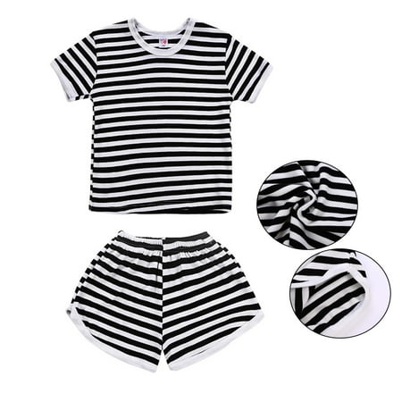 

TMOYZQ Children Summer Two Piece Set Casual Round Neck Short Sleeve Black White Striped Printed T-shirt Tops + Elastic High Waist Shorts Boys Girls Sports Suit Outfits