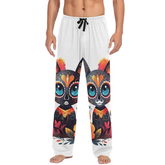 JSTEL Sugar Skull Cat Day of Dead Men's Sleepwear Mens Pajama Pants Bottoms with Pockets, S