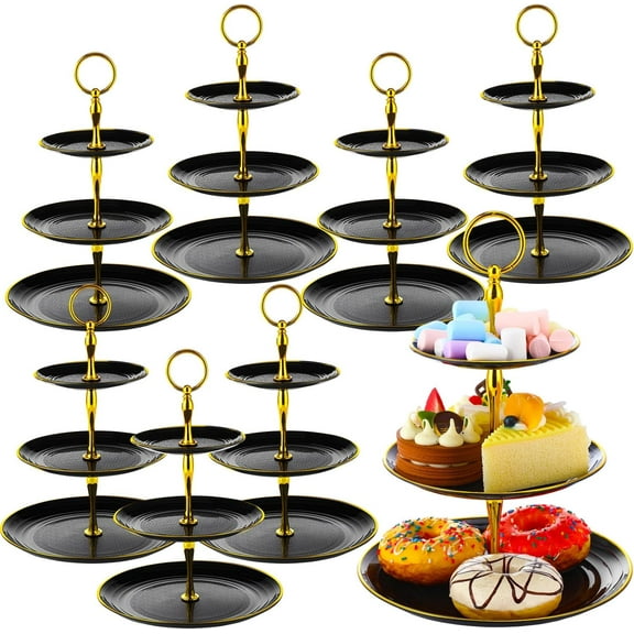 8 Pack 3 Tier Cupcake Stand Bulk Tiered Dessert Stand Thick Plastic Serving Tray with Gold Edges Dessert Table Display Set Tea Cake Holder for Wedding Birthday Party (Black)