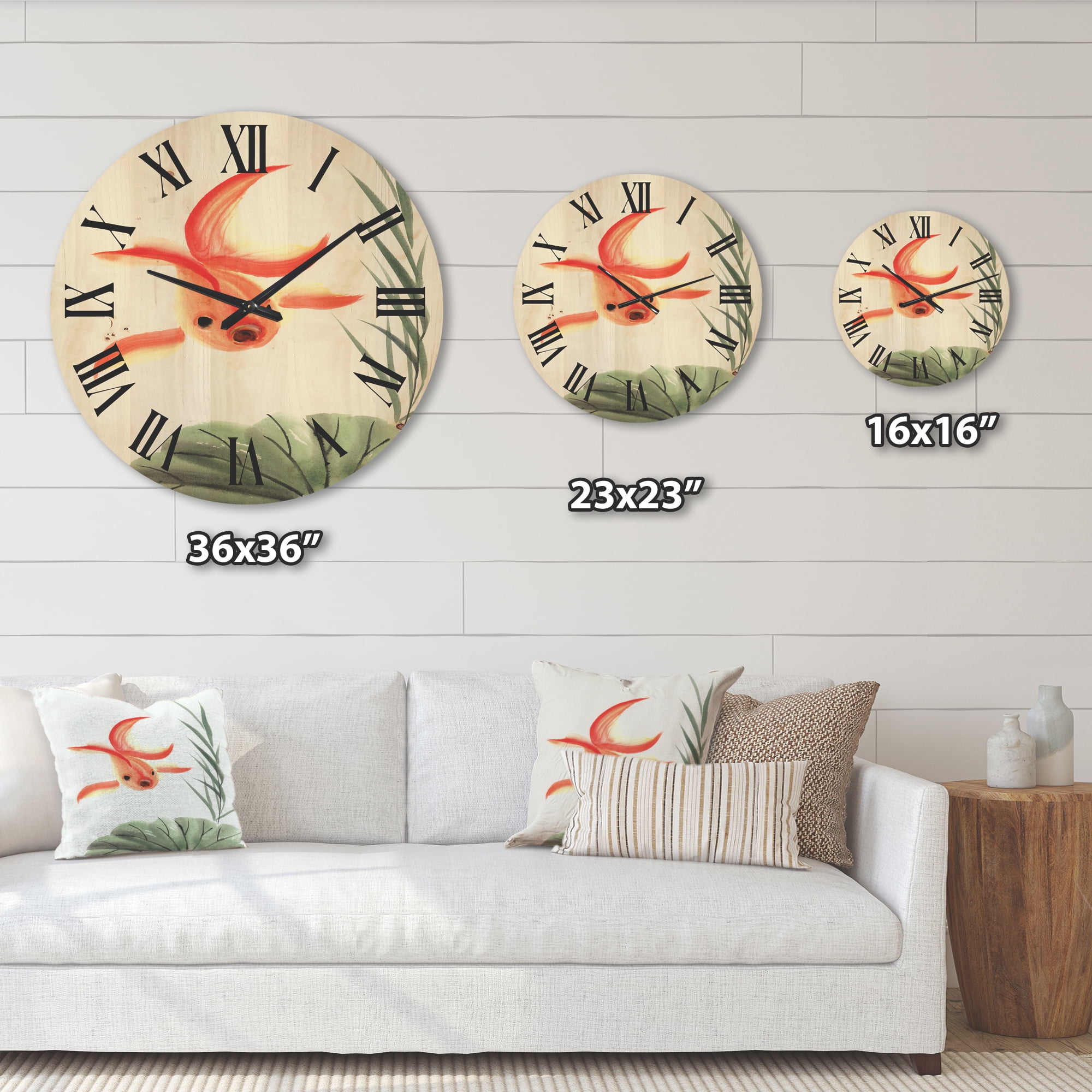Designart 'Ancient Goldfish and The Lotus Leaf' Nautical & Coastal Wood Wall Clock