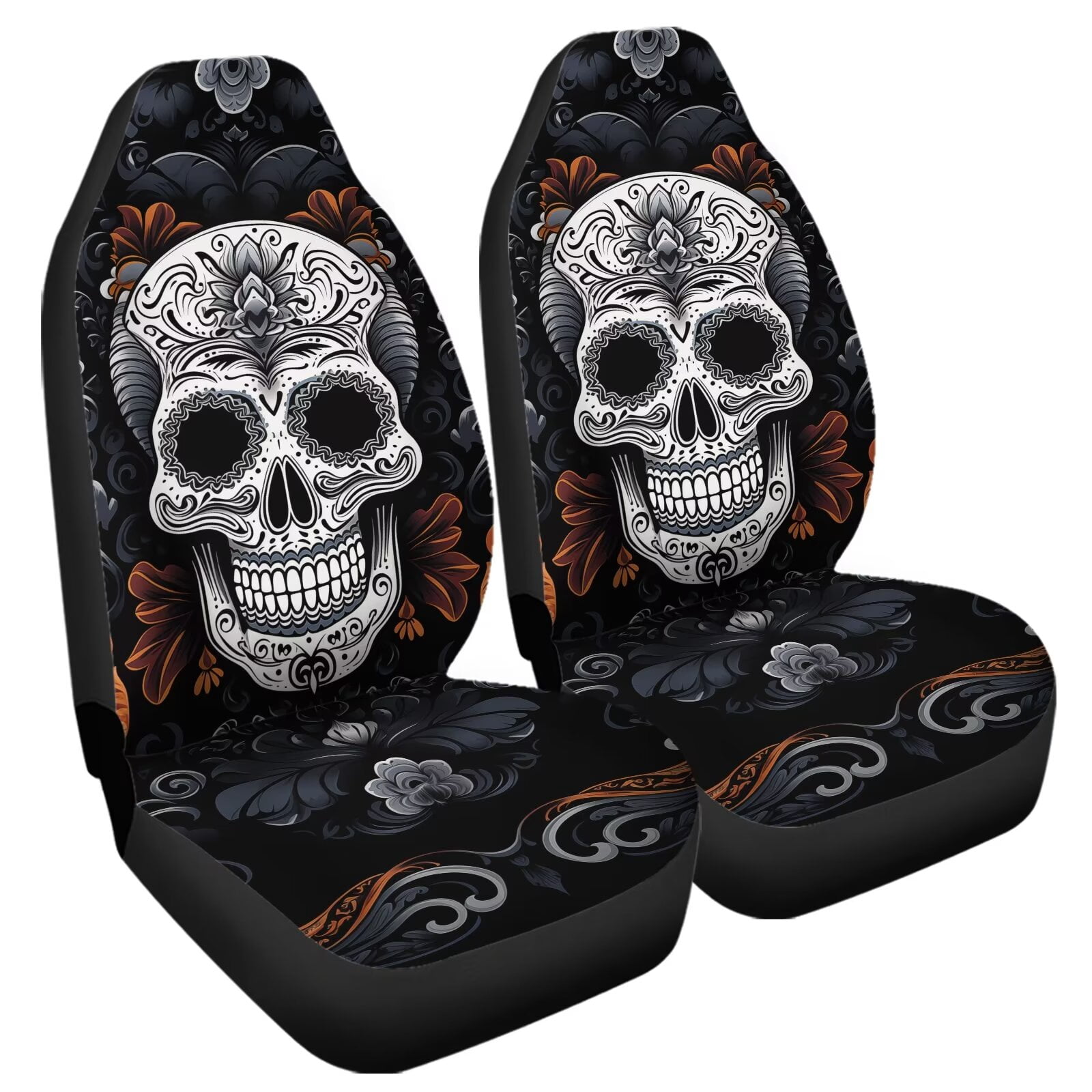 Uourmeti Universal 2pcs Front Seat Cover, Bohemian Sugar Skull Print Durable Car Seat Protector, Vehicle Seat Protector for Auto Sedan SUV Truck Auto Accessories