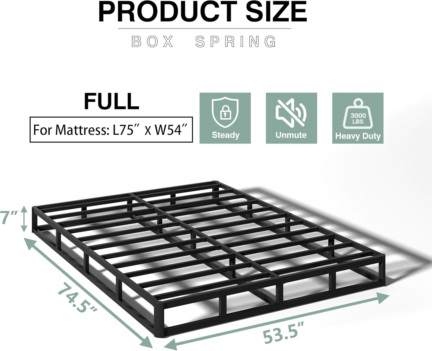 7 Inch Box Spring Full Size Bed, Heavy Duty Metal Mattress Foundation, 3000 lbs Capacity, High Profile, Noise-Free, Easy Assembly with Fabric Cover