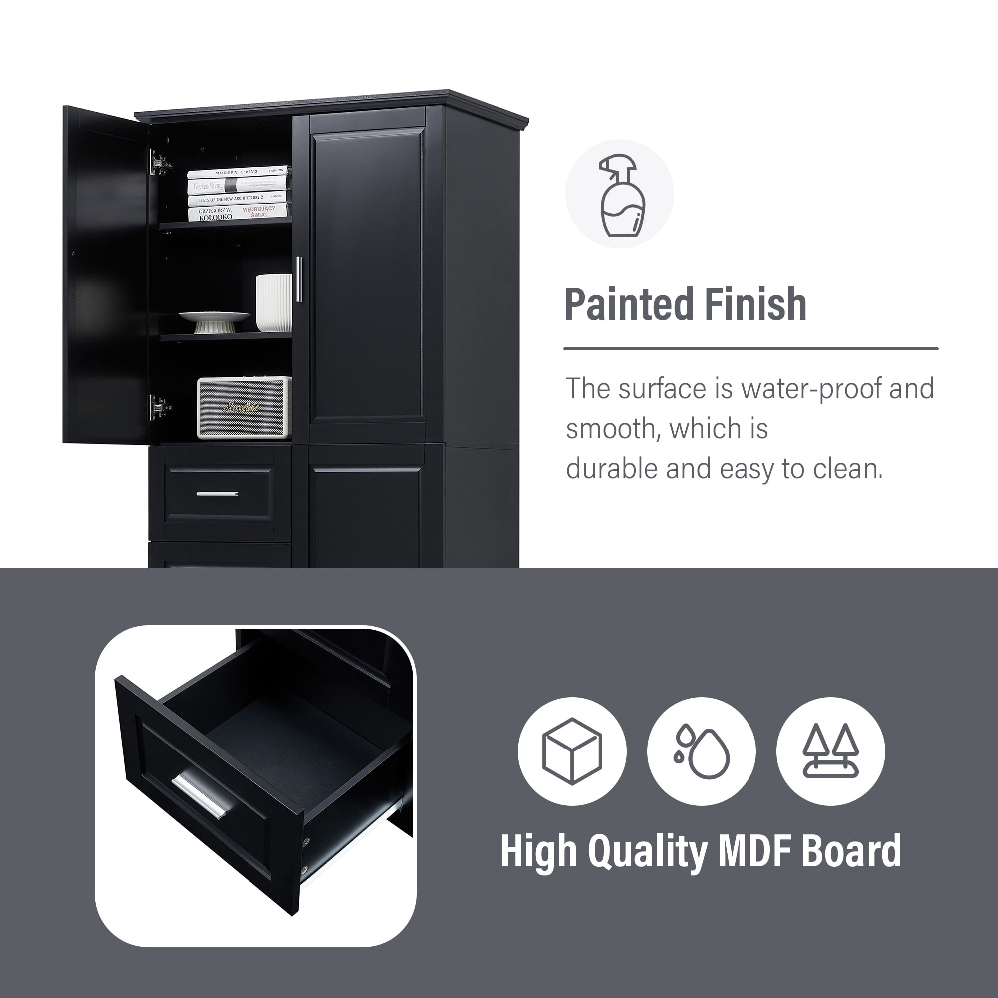 Harper & Bright Designs Tall and Wide Bathroom Storage Cabinet with Drawers and Doors, Modern Bathroom Floor Storage Cabinet with Shelf, Black